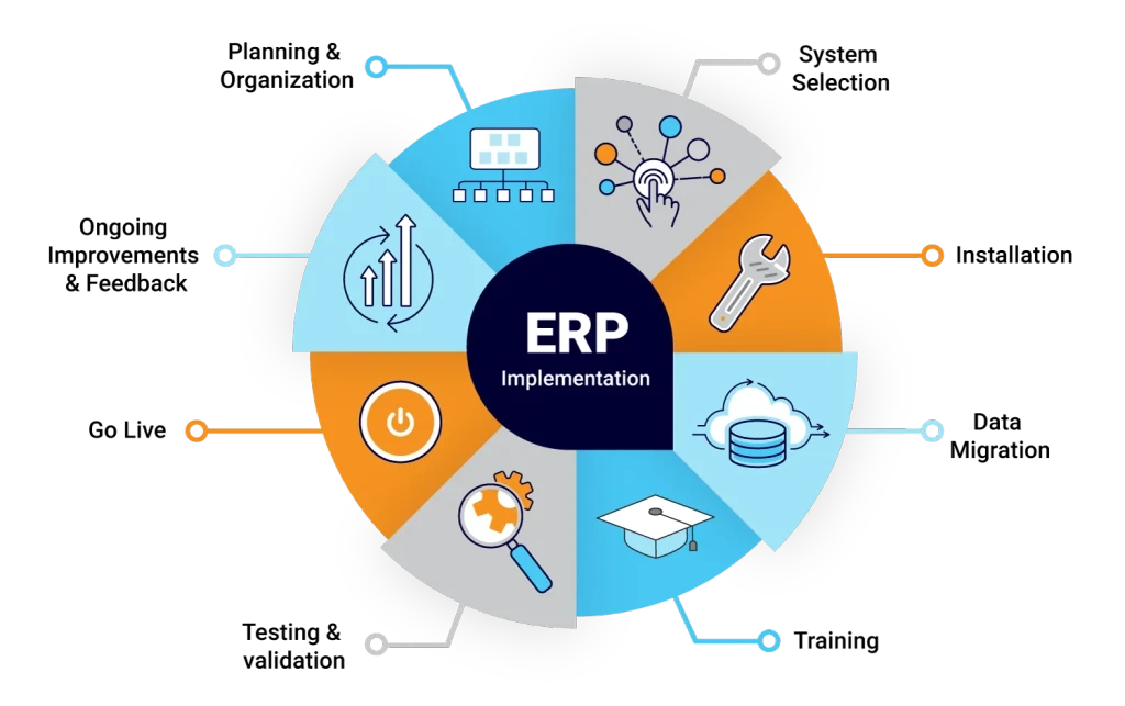 Circular diagram of ERP implementation stages from planning through go-live
